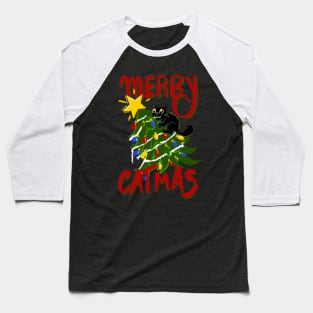 Funny Cat Merry Catmas Christmas Tree Cat Attack Baseball T-Shirt